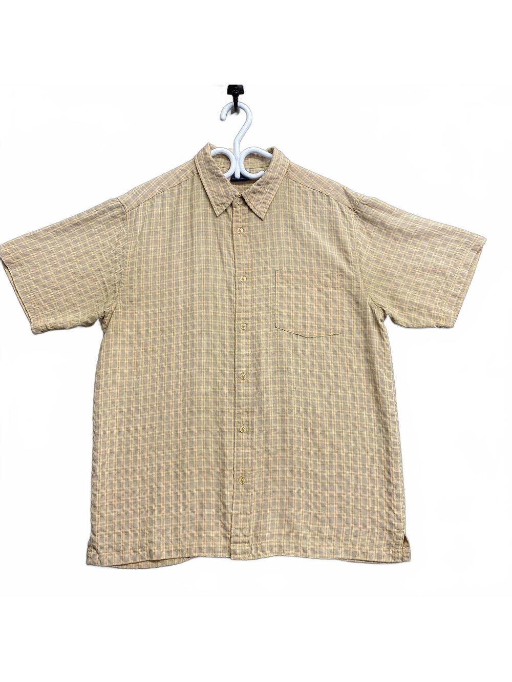 Vintage Y2K Urban RagsMen's Short Sleeve Beige Checkered Button-Up Shirt Size L